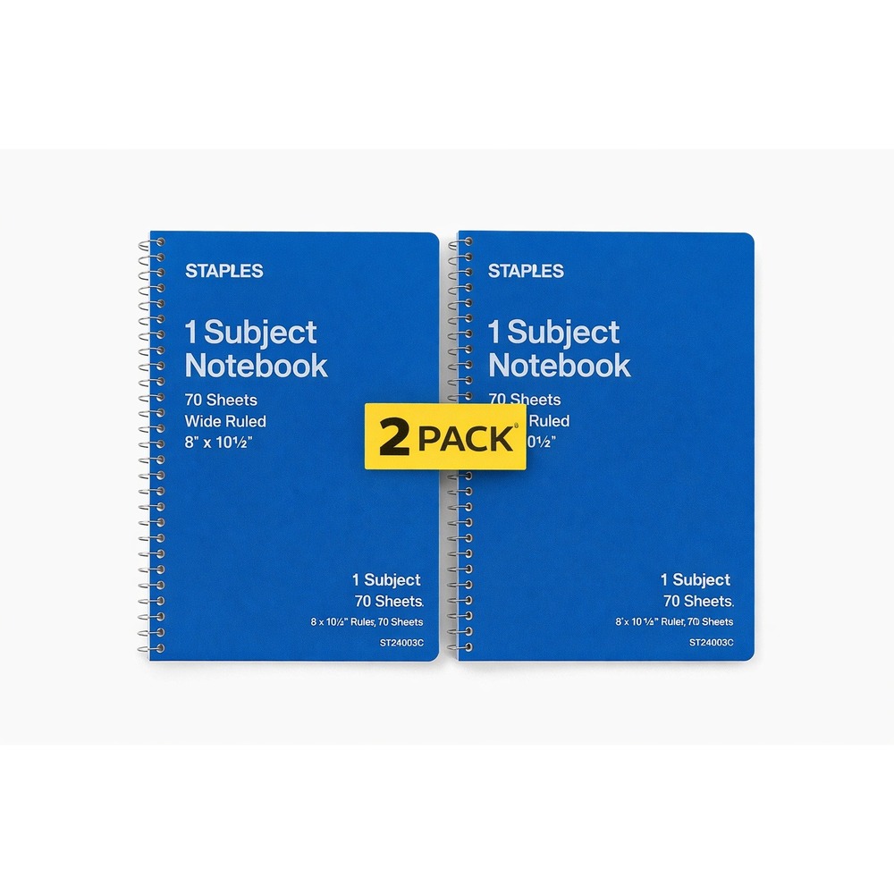 2x Staples 1-Subject Notebook Wide Ruled 70‎ Sheets Blue